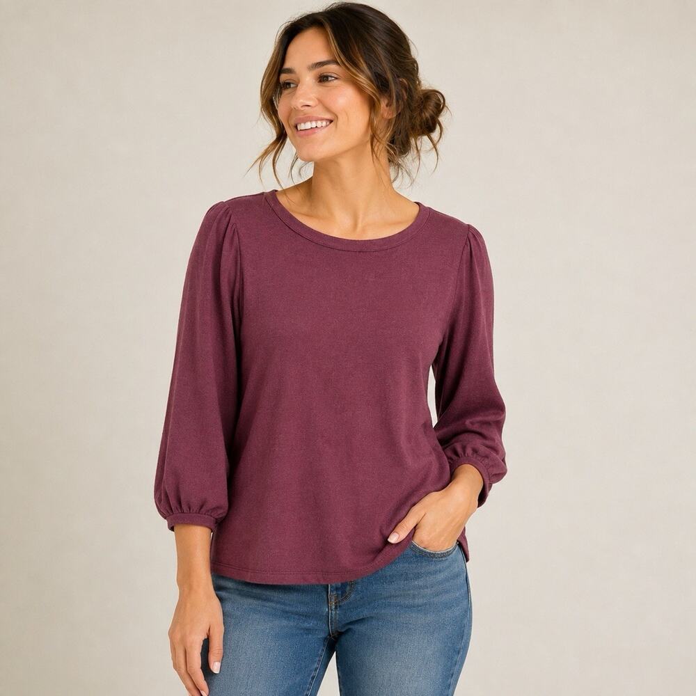 Caslon Bubble Sleeve Sweatshirt Top Women Medium Burgundy Roundneck Pullover NWT